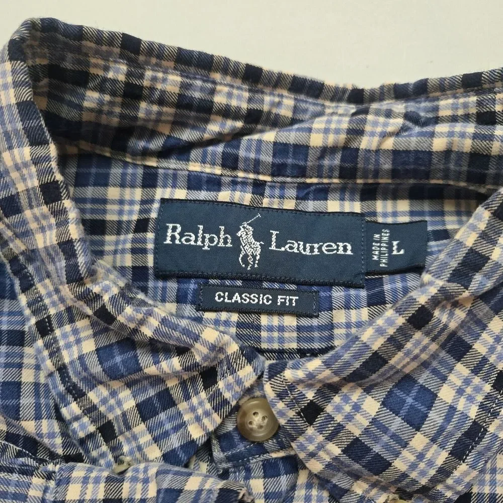 Ralph Lauren Button Down Shirt Adult L Classic Fit Blue Plaid Mens Pony